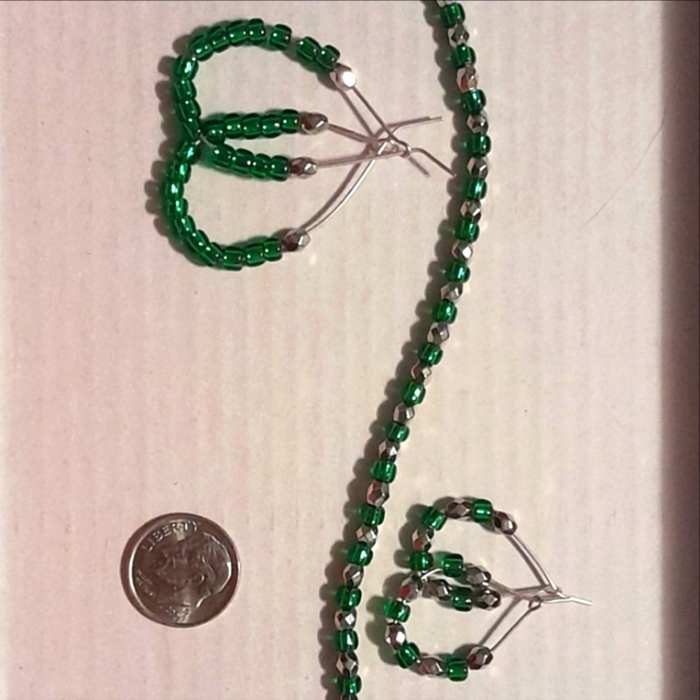 Handmade grren and silver Earrings and Bracelet Set